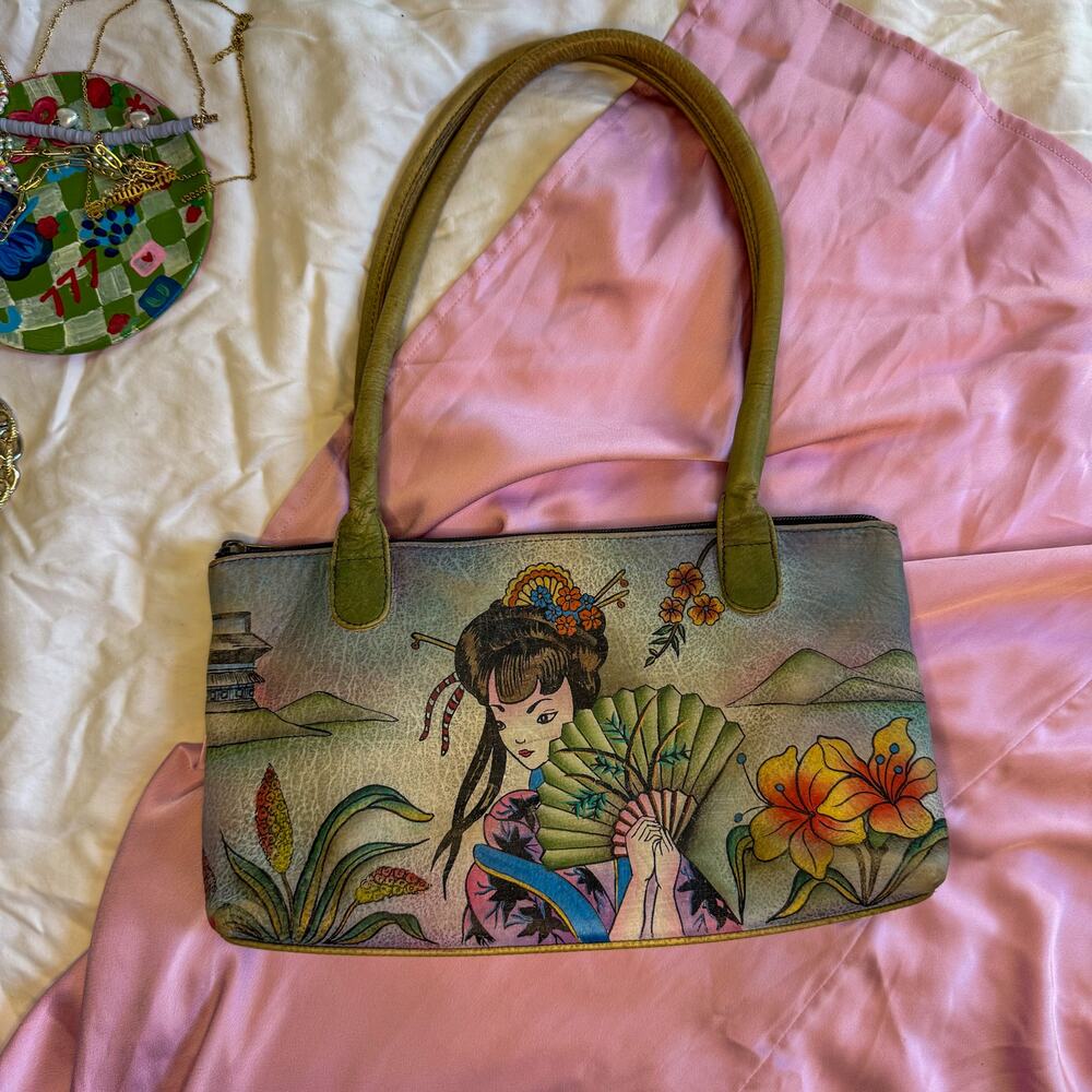 Anuschka Hand Painted Leather Shoulder Bag Japanese Geisha Pagoda Art To Wear